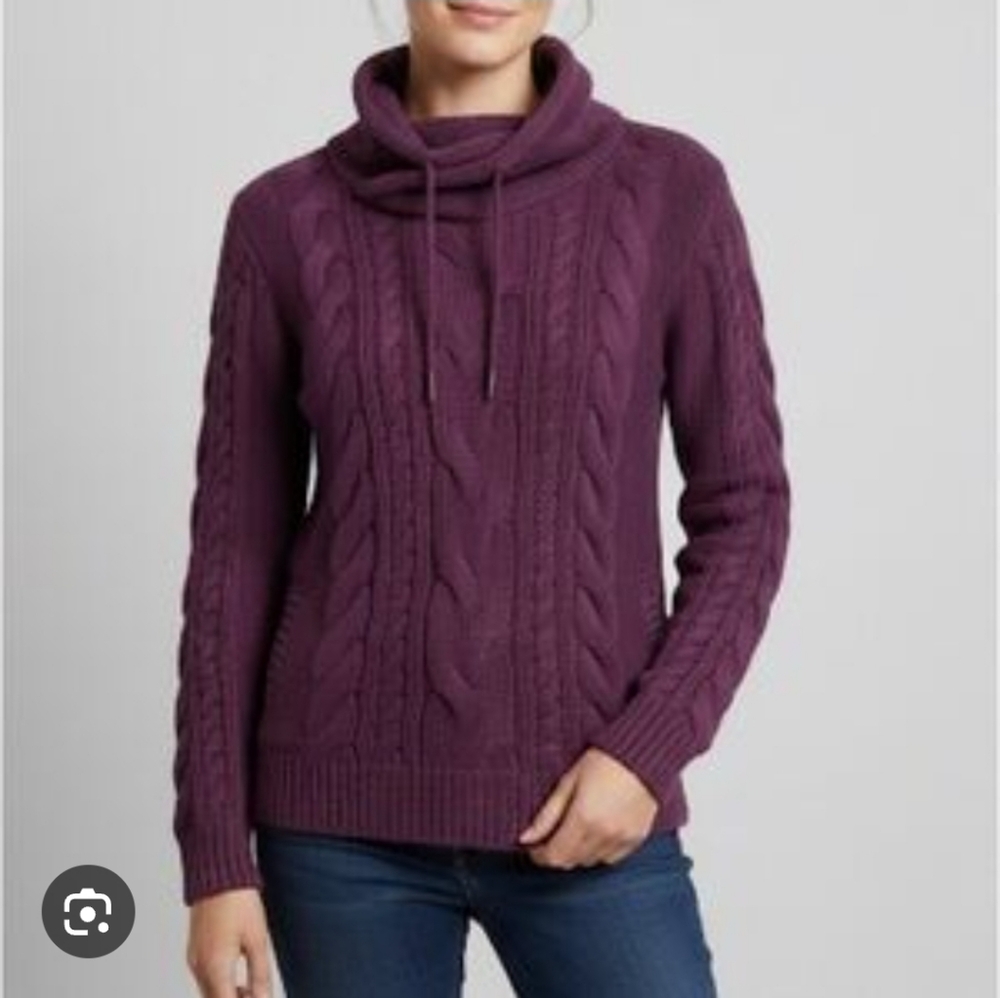 LL Bean Double L Cable Funnel Neck Chunky Knit Fisherman Sweater Burnt Mahogany